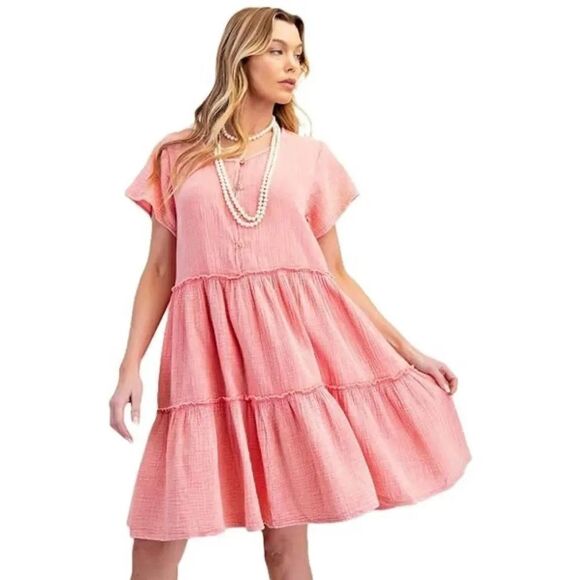easel Dresses & Skirts - Easel Women's Tiered Cotton Gauze Casual Dress, Short Sleeve Washed Size Medium